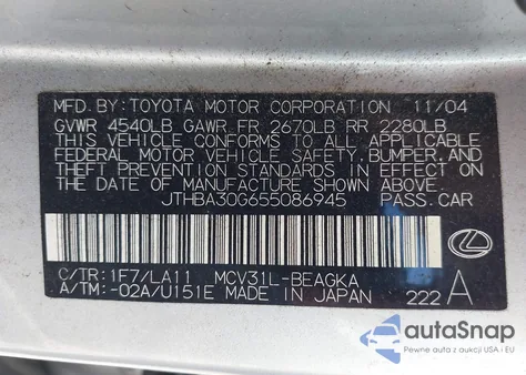 2005 Lexus Es 330 330 from USA, damaged, VIN JTHBA30G655086945